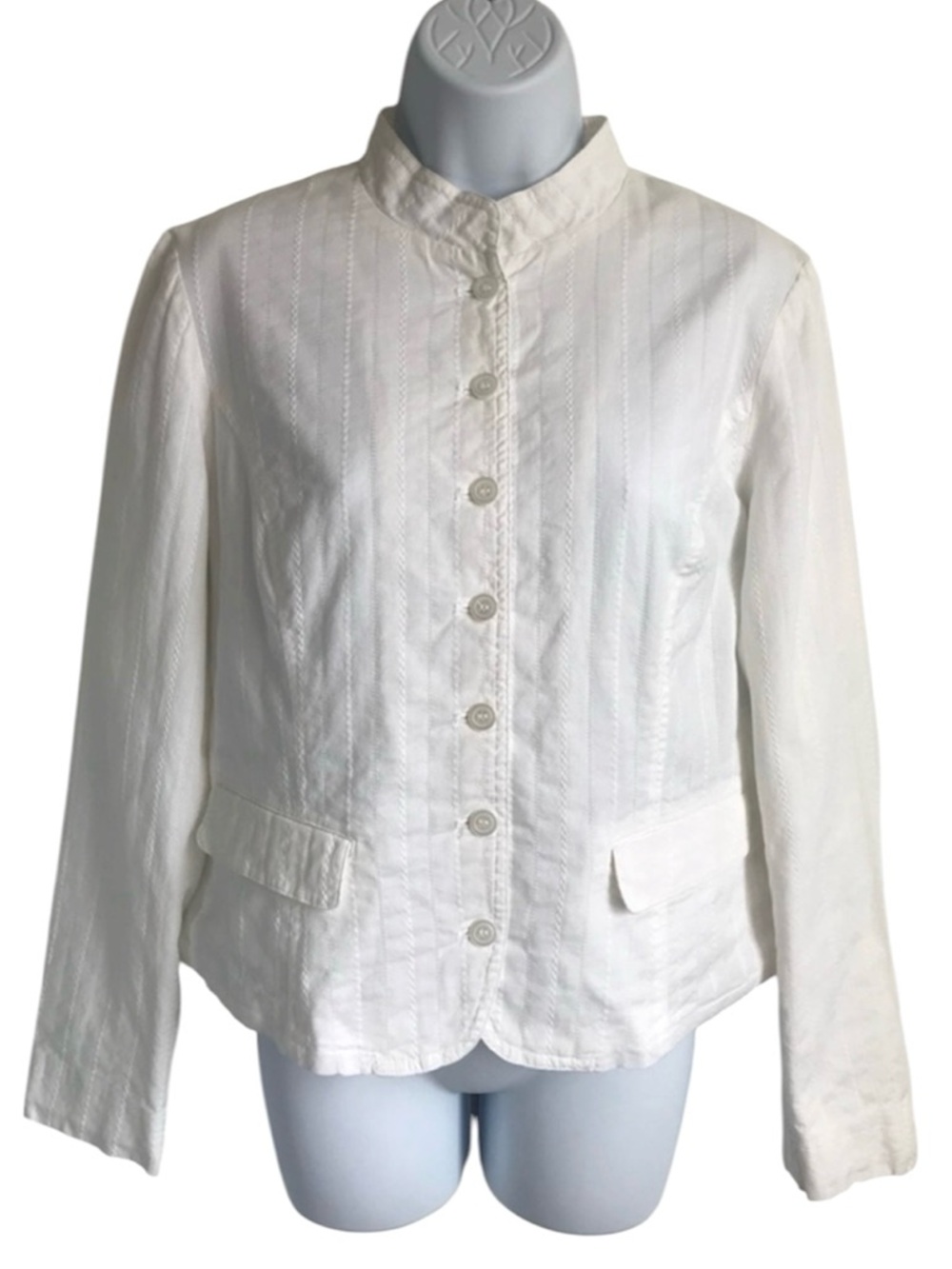 NY&Co Women’s 8 White 100% Cotton Mandarin Collar Button Up Blazer Jacket in EUC